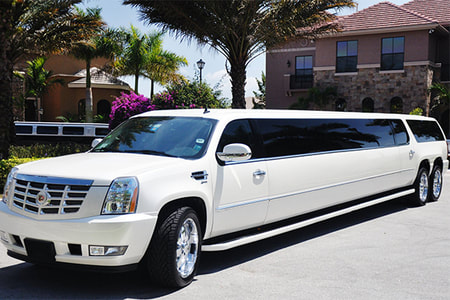 A picture of a stretched white limo.
